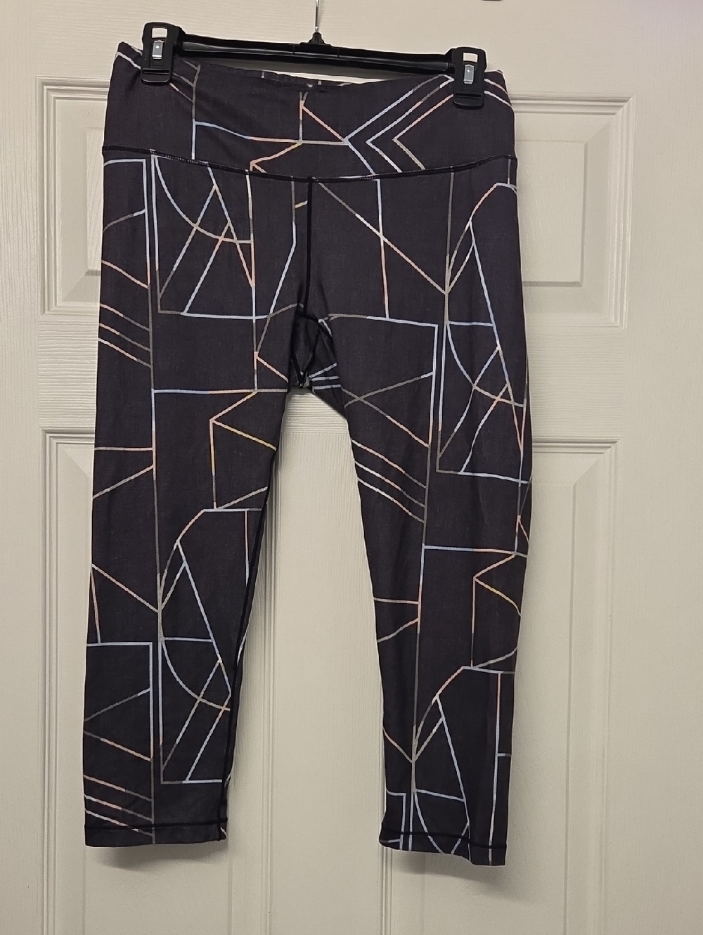 Prana Geometric Capri Leggings in Black with Pastel Lines